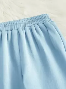 SHEIN PETITE 素色彈性腰帶加絨內裏衛褲 - 淺藍色 - 查看 4