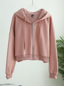 DAZY 下垂肩拉鍊連帽衛衣 - 藕粉色 - 查看 3