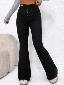 SHEIN EZwear Quần nữ Nút phía trước màu trơn Giải trí - màu đen - Xem 3