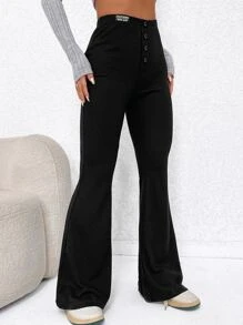 SHEIN EZwear Quần nữ Nút phía trước màu trơn Giải trí - màu đen - Xem 5