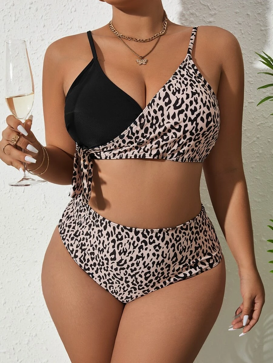 SHEIN Swim Curve Summer Beach Plus Size Leopard Print Bikini Set - Multicolor - View 1