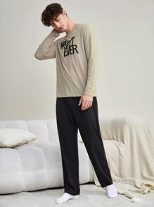 Men Letter Graphic Tee & Trousers PJ Set - Multicolor - View 3