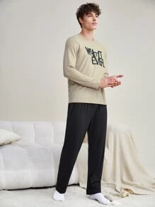 Men Letter Graphic Tee & Trousers PJ Set - Multicolor - View 4