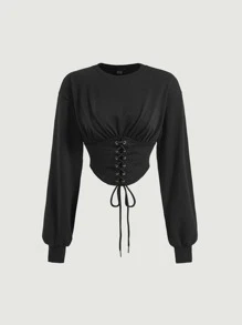 SHEIN MOD Grommet Lace Up Front Drop Shoulder Crop Pullover - Black - View 2