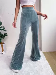 SHEIN EZwear 高腰絲絨喇叭褲 - 藍色 - 查看 3