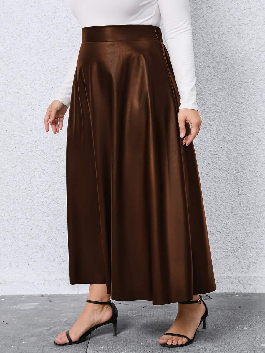 SHEIN LUNE Plus Solid PU Leather Flare Skirt - Coffee Brown - View 1