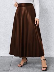 SHEIN LUNE Plus Solid PU Leather Flare Skirt - Coffee Brown - View 4