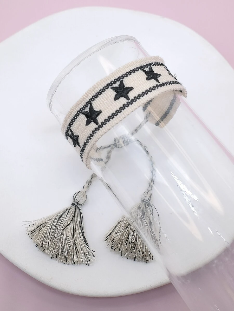 Star Embroidered Tassel Decor Bracelet - Black and White - View 1