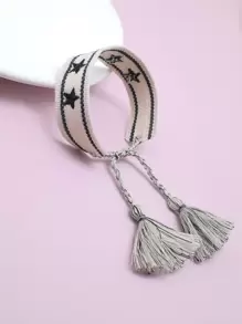 Star Embroidered Tassel Decor Bracelet - Black and White - View 2