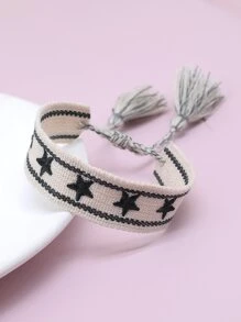 Star Embroidered Tassel Decor Bracelet - Black and White - View 3