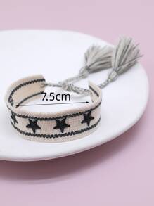 Star Embroidered Tassel Decor Bracelet - Black and White - View 4