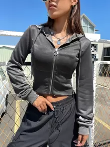 SHEIN EZwear Zip Up Drawstring Hoodie Graduation,Back To School Outfits,Graduation,Teacher Outfits For Women,Back To School In Fall/Winter - Dark Grey - View 1