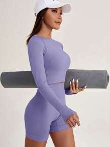 Easithlete 2 件无缝快干高弹力跑步套装健身服拇指孔上衣宽腰带短裤健身女士套装女士紧身裤套装 - 淡紫色 - 查看 3