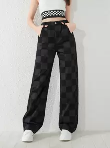 Teen Girls Checker Print Straight Leg Jeans - Black - View 3