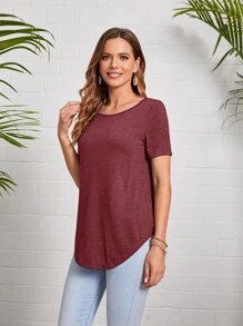 EMERY ROSE 素色下擺開叉T恤 - 酒紅色 - 查看 1