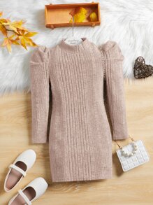 SHEIN 少女高領泡泡袖連衣裙(不帶皮帶) - 杏色 - 查看 3