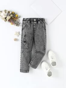 Toddler Boys Ripped Frayed Patched Pocket Jeans - Grey - View 1