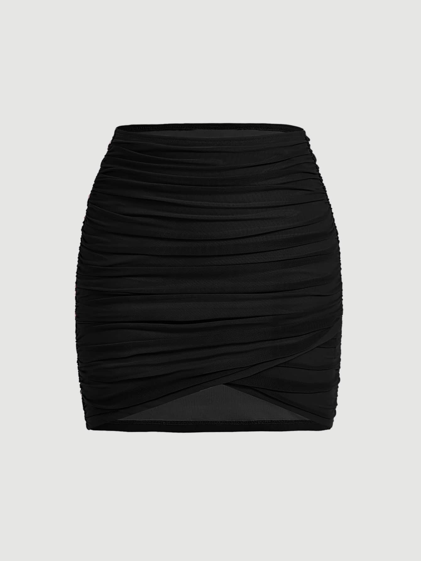 SHEIN MOD Falda De Verano Negra Bodycon Con Arrugas Sólidas - Negro - Ver 1