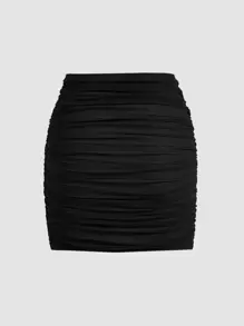 SHEIN MOD Falda De Verano Negra Bodycon Con Arrugas Sólidas - Negro - Ver 2