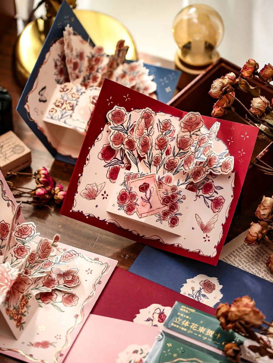 MR.PAPER 1set Envelope And Card Postcards Valentine's Day Rose 3D Greeting Card Gift - Multicolor - View 1