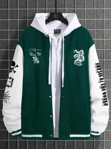 Manfinity EMRG Men Letter Graphic Varsity Jacket Without Hoodie - Green - View 1