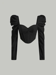 SHEIN MOD 雞心領口泡泡袖短款襯衫 - 黑色 - 查看 1
