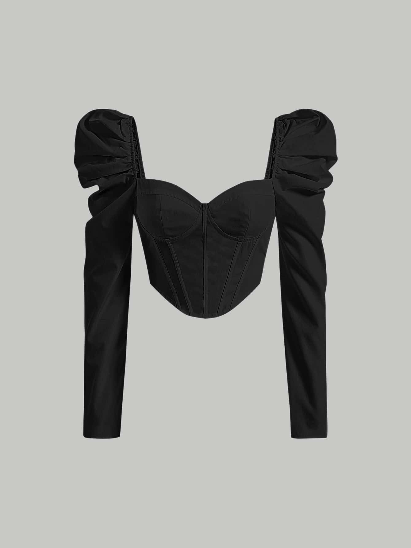 SHEIN MOD 雞心領口泡泡袖短款襯衫 - 黑色 - 查看 1