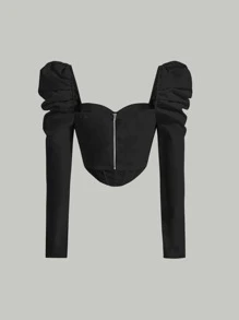 SHEIN MOD 雞心領口泡泡袖短款襯衫 - 黑色 - 查看 2