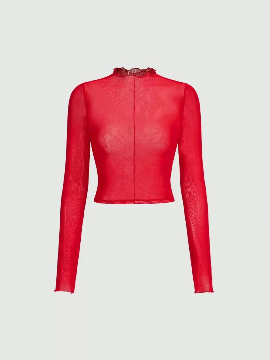 SHEIN MOD Semi-Perspective Lettuce Trim Wavy Edge Stand Collar Red Mesh Top,Valentine Outfits,Valentine Outfits - Red - View 1