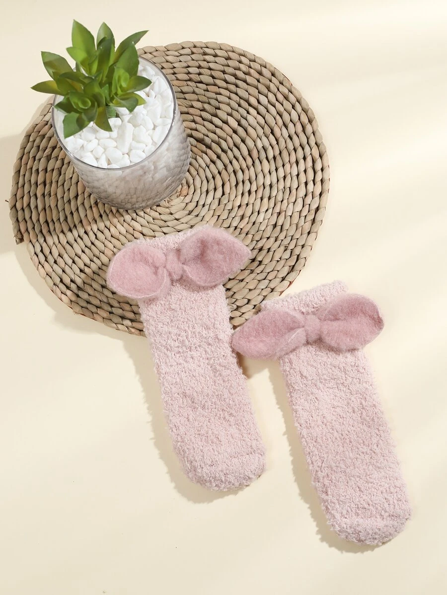 Niñitas Calcetines de tripulación con diseño de lazo de peluche - Rosa - Ver 1