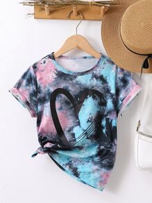 Tween Girl Street Style Casual Fashion Heart Printed Tie-Dye College Holiday Round Neck T-Shirt - Multicolor - View 1