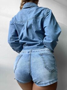 Knot Hem Pocket Patched Denim Blouse - Medium Wash - View 2