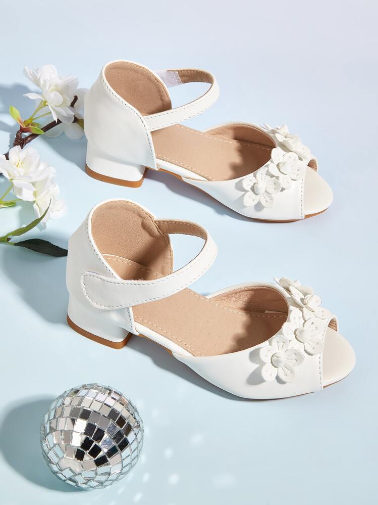 Chicas Sandalias aplique floral con tacón grueso tira tobillera - Blanco - Añade 1