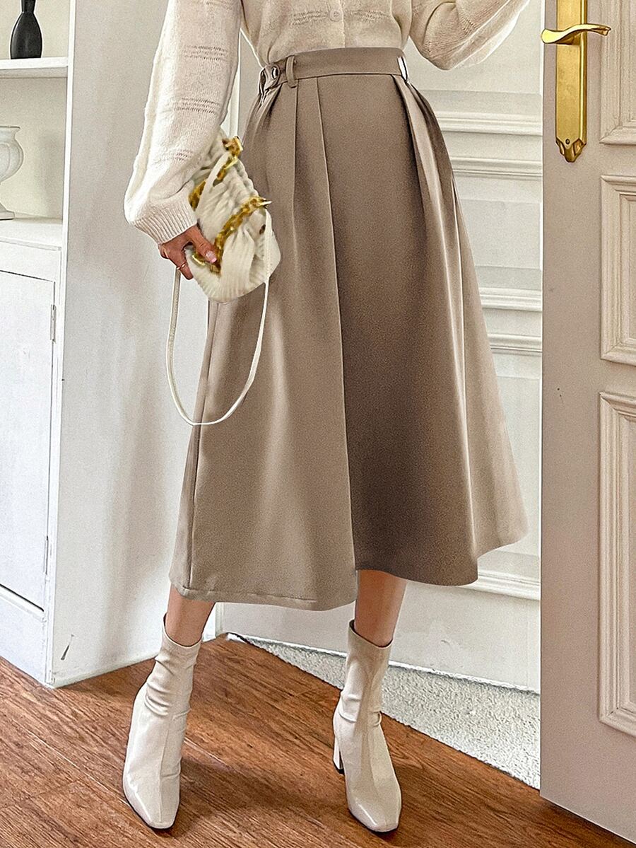 DAZY 高腰拼接細節半身裙 - 杏色 - 查看 1