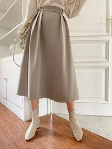 DAZY 高腰拼接細節半身裙 - 杏色 - 查看 4