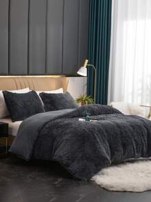 Set de funda nórdica de felpa lisa ( 1 pieza funda nórdica con 2 piezas funda de almohada) - Gris Oscuro - Ver 3