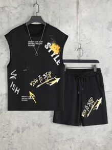 Manfinity 男士標語圖案背心上衣和腰部抽繩短褲 - 黑色 - 查看 1