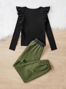 SHEIN Chicas ribete con fruncido Camiseta & con cinturón Pantalones cargo - Multicolor - Ver 2