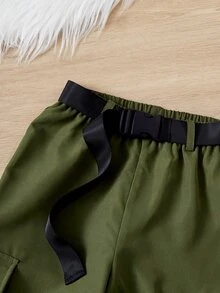 SHEIN Chicas ribete con fruncido Camiseta & con cinturón Pantalones cargo - Multicolor - Ver 4