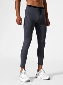 Men Zipper Phone Pocket Drawstring Waist Sport Tights - Dark Grey - View 1