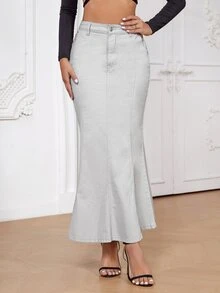 Mermaid Hem Denim Skirt - Light Grey - View 4