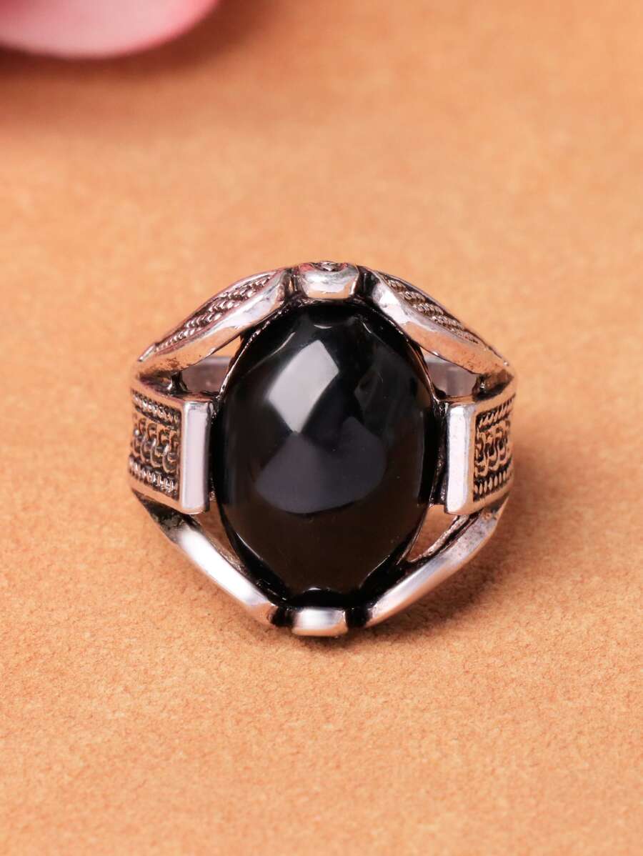 橢圓裝飾戒指 - 黑色 - 查看 1