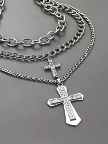1 Set Minimalist Fashion New Multi-Layer Hollow Heart & Cross Pendant Necklace, Suitable For Men And Women Daily Wear - Silver - View 7