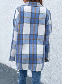 SHEIN LUNE Plaid Print Drop Shoulder Flap Detail Coat - Blue - View 2