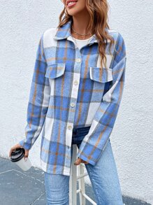 SHEIN LUNE Plaid Print Drop Shoulder Flap Detail Coat - Blue - View 3