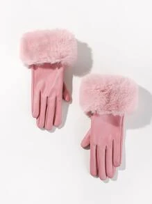 Fluffy Trim Gloves - Pink - View 2