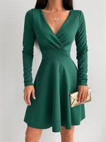 EURMUSE Solid Surplice Neck Dress - Green - View 5