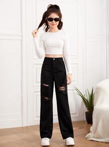 SHEIN Teen Girls Ripped Straight Leg Jeans - Black - View 3