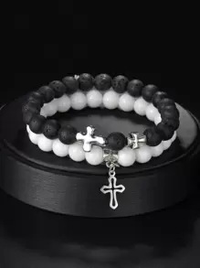 2pcs Cross Decor Beaded Bracelet For Men & Women - Multicolor - View 1
