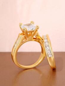 2入組/套魅力四射方晶鋯石戒指套裝適合女士適用於訂婚首飾類情人節禮品 - 金黃色 - 查看 4